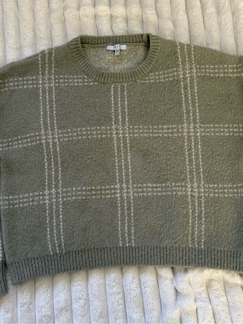 iris Olive Green Windowpane Crewneck Sweater